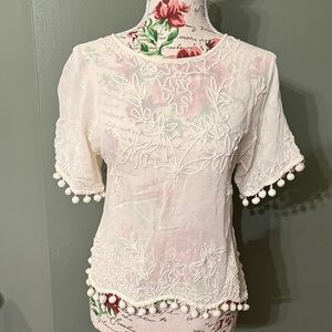 Topshop Cream Embroidered Blouse with Pom-Pom Trim